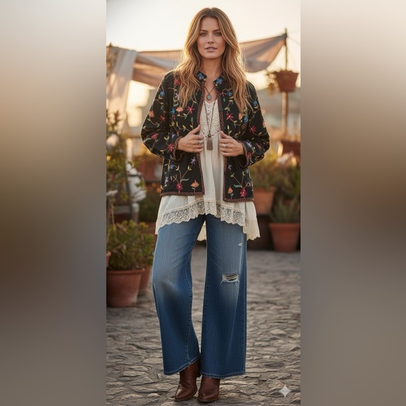 Vintage Colorful Embroidered Floral Black Jacket - Picture 2 of 7